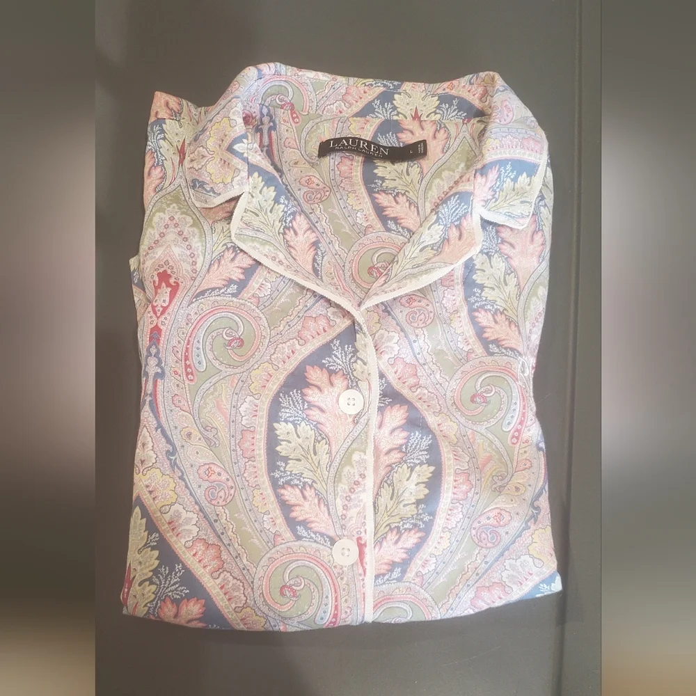 New  LAUREN  RALPH LAUREN  LONG SLEEVE  NOTCH  COLLAR  WOVEN  SATEEN  PAISLEY - Picture 6 of 11